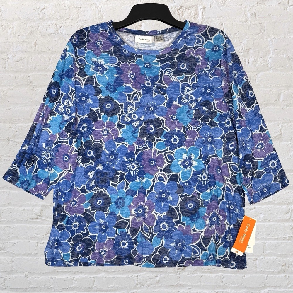 Cathy Basics Womens Floral Burnout Tee 3/4 Sleeve Blouse Size 2X Lightweight NWT